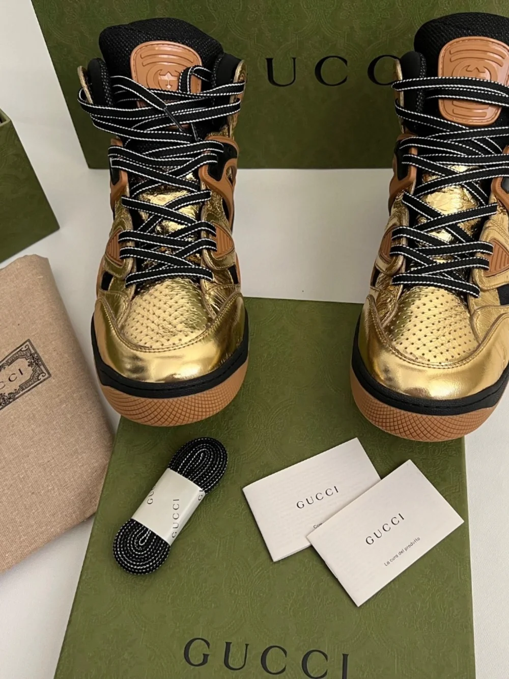 Gucci Men's Sneakers Basket Gold Black High Top Lace up Size 12 US 13 Runway New